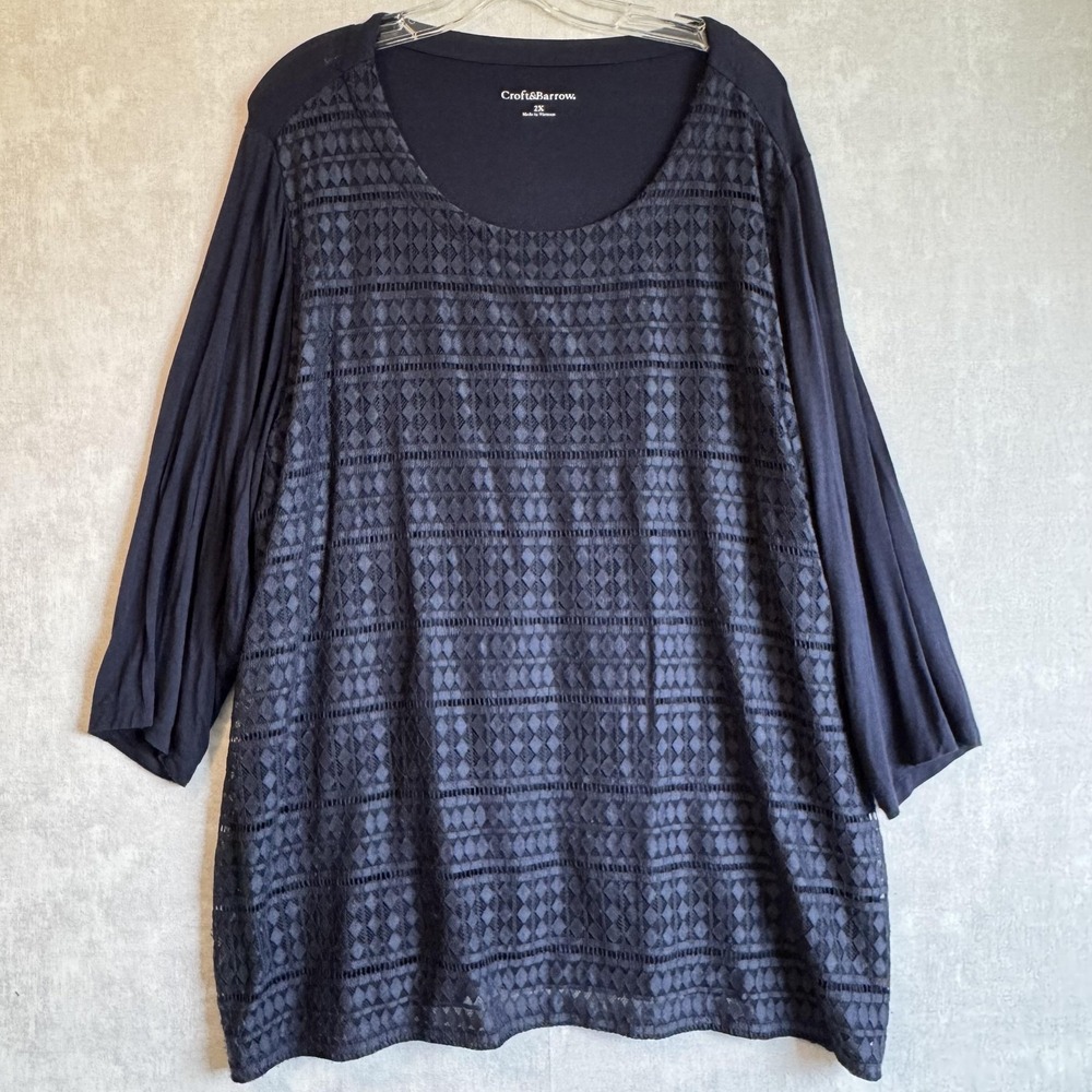 Croft & Barrow Shirt Womens 2X Black Navy Blue Lace Stretch 3/4 Sleeve Plus‎ Top